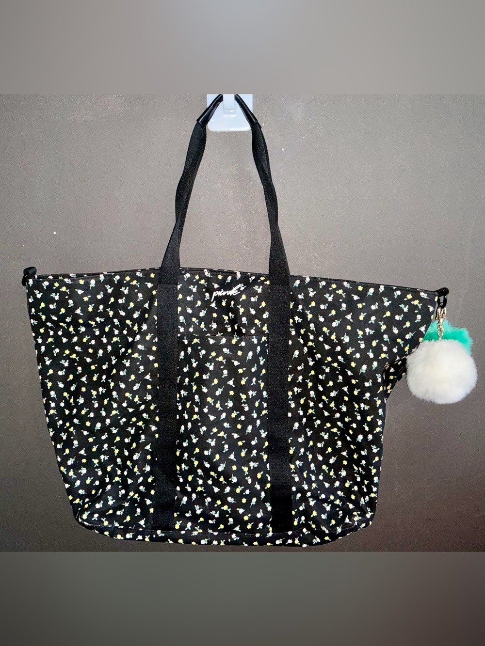 PINK Victoria's Secret Black Floral Tote with Yellow & White Accents